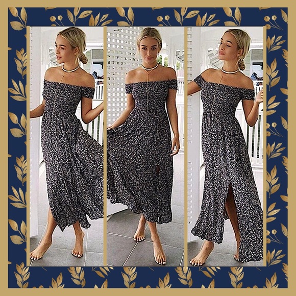 Boutique Dresses & Skirts - Boho Vintage Floral Off Shoulder Split Maxi Dress